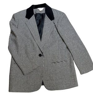 Vintage Sellecca Houndstooth Wool Blazer Size 12 Velvet Collar 80s Power Jacket